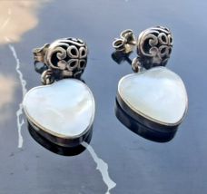 VINTAGE 925 STERLING SILVER MOTHER OF PEARL HEARTS EARRINGS - $884.36 MXN