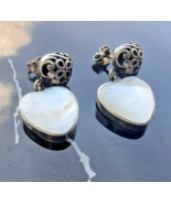 VINTAGE 925 STERLING SILVER MOTHER OF PEARL HEARTS EARRINGS - €41,93 EUR