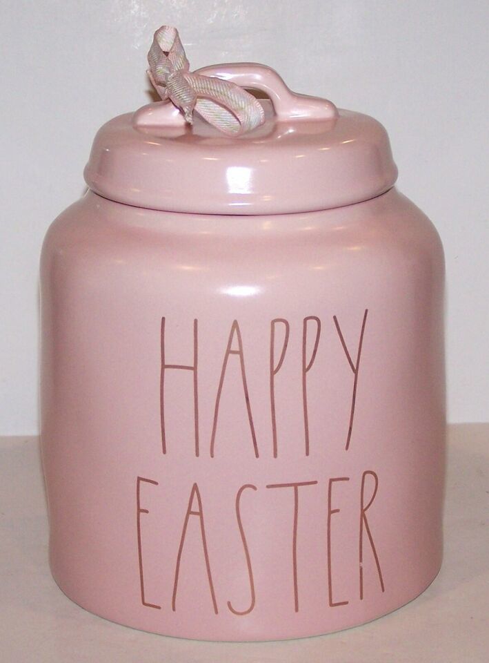 Primary image for RAE DUNN ARTISAN PINK WITH GOLD LETTERS HAPPY EASTER CHUBBY CANISTER/COOKIE JAR
