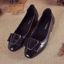 OUKAHUI Leather Female Pointed Toe Low Heel Pumps Women Shoes Buckle Vintage Rea - £42.66 GBP