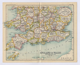 1912 Antique Map Of Southern England London Wales Cornwall Southampton Plymouth - £16.87 GBP