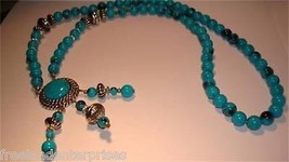 Necklace Turquoise Beads with Button Pendant ~30 inch long - £23.32 GBP