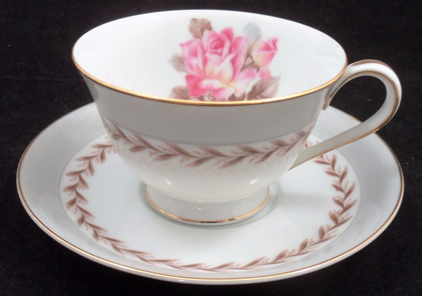 1950s Noritake Japan Rosemont Replacement Cup Saucer Pink Open Rose Laurel Leaf - $7.97