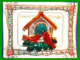 Christmas PIN #0144 Red Cardinals Birdhouse Goldtone-Enamel HOLIDAY Brooch RARE - £15.76 GBP