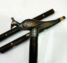 Wooden Walking Cane With Bird Brass Head Handle Foldable Antique Seniors Stick - £51.46 GBP