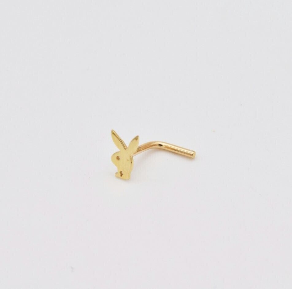 14K Solid Gold Bunny Nasenstecker Hase Nasenstecker Massiv Gold L Form P... - $95.18