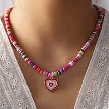 Pink &amp; Red Enamel Polymer Clay Heart Pendant Necklace - £11.16 GBP