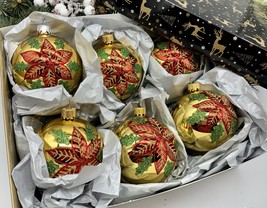Set of 6 gold Christmas glass balls, hand painted ornaments with gifted box - $71.25