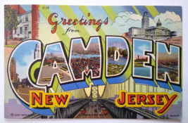 Greetings From Camden New Jersey Large Letter Postcard Linen Curt Teich Bridge - £10.11 GBP