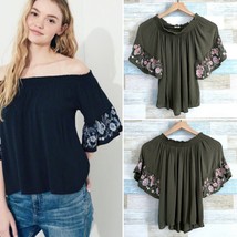 Hollister Off The Shoulder Bardot Top Green Pink Floral Embroidered Womens XS - £14.07 GBP