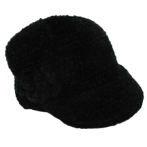 90s Women&#39;s Black Chenille w Rose Newsboy Cabbie Hat Beret Retro Hat Cap Vtg - £13.16 GBP