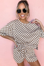 Brown Checkered Top and Short Casual 2pcs Set - $375.77 MXN