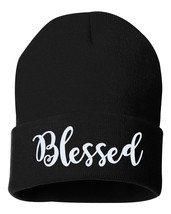 BLESSED Script Embroidered Cuffed Beanie Hat, Embroidered Gift, Winter Hat - £13.13 GBP