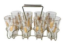 Set Of 8 Retro MCM Homer Laughlin Golden Wheat Glasses Vintage w/ Carrier - £71.20 GBP