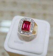 Men&#39;s Wedding Ring 4.25Ct Emerald Ruby &amp; Cz Diamond Halo in 14K Yellow Gold Over - £115.07 GBP