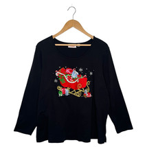 Quacker Factory Top Womens 1X Black Christmas Sleigh Embroidered Rhinest... - £23.47 GBP