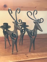 Estate Pair of Bronze Colored Metal Reindeer w Curlicue Antlers Candle Holders  - £11.05 GBP