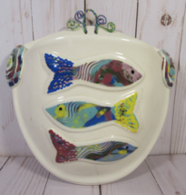 Handmade Lucinda Pottery Wall Pocket Fish Ocean 7.5&quot; Glossy with Wire Signed - £23.59 GBP