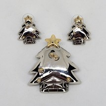 Silver Gold Tone Christmas Tree Brooch Pin or Pendant and Pierced Earrings Set - £13.25 GBP
