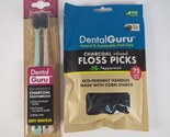 Set Of 2 Dental Guru Charcoal Toothbrushes Soft Bristles &amp; 75 Floss Pick... - $10.19