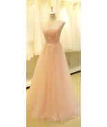 Scoop Neck Long Tulle Prom Dress Lace Appliques Women Evening Dresses - £93.25 GBP