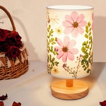 Dried Flowers Table Lamp 5W Led Pressed Flower Bedside Lamp Linen Shade Table La - £48.24 GBP