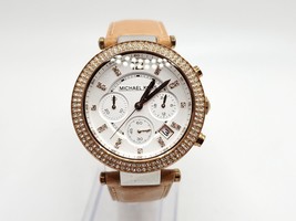 MICHAEL KORS Parker Womens Crystal Chronograph Watch White Rose Gold Tan Leather - £48.24 GBP