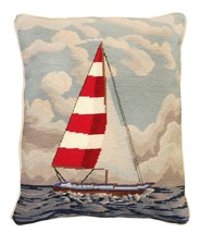 Red &amp; White Sailboat 20x16 Needlepoint Pillow - £112.59 GBP