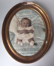 Vintage Oval Photograph Of Baby On Blue Satin Damaged Gilt Frame 1942 WWII Era - £16.02 GBP