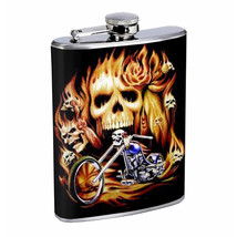 Flask 8oz Stainless Steel Skull D 14 Skulls on Fire Bike Biker Whiskey - £11.83 GBP