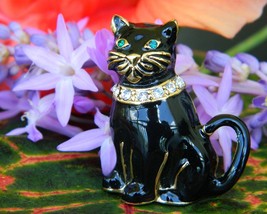 Vintage Monet Black Cat Brooch Pin Enamel Rhinestones Collar Figural - $17.95