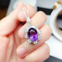 2.50Ct Oval Cut CZ Amethyst Halo Pendant 14k White Gold Plated Silver Free Chain - £94.26 GBP