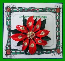 Christmas PIN #0198 Red &amp; Green Enamal Poinsettia w/Gold Glitter HOLIDAY Brooch - £46.67 GBP