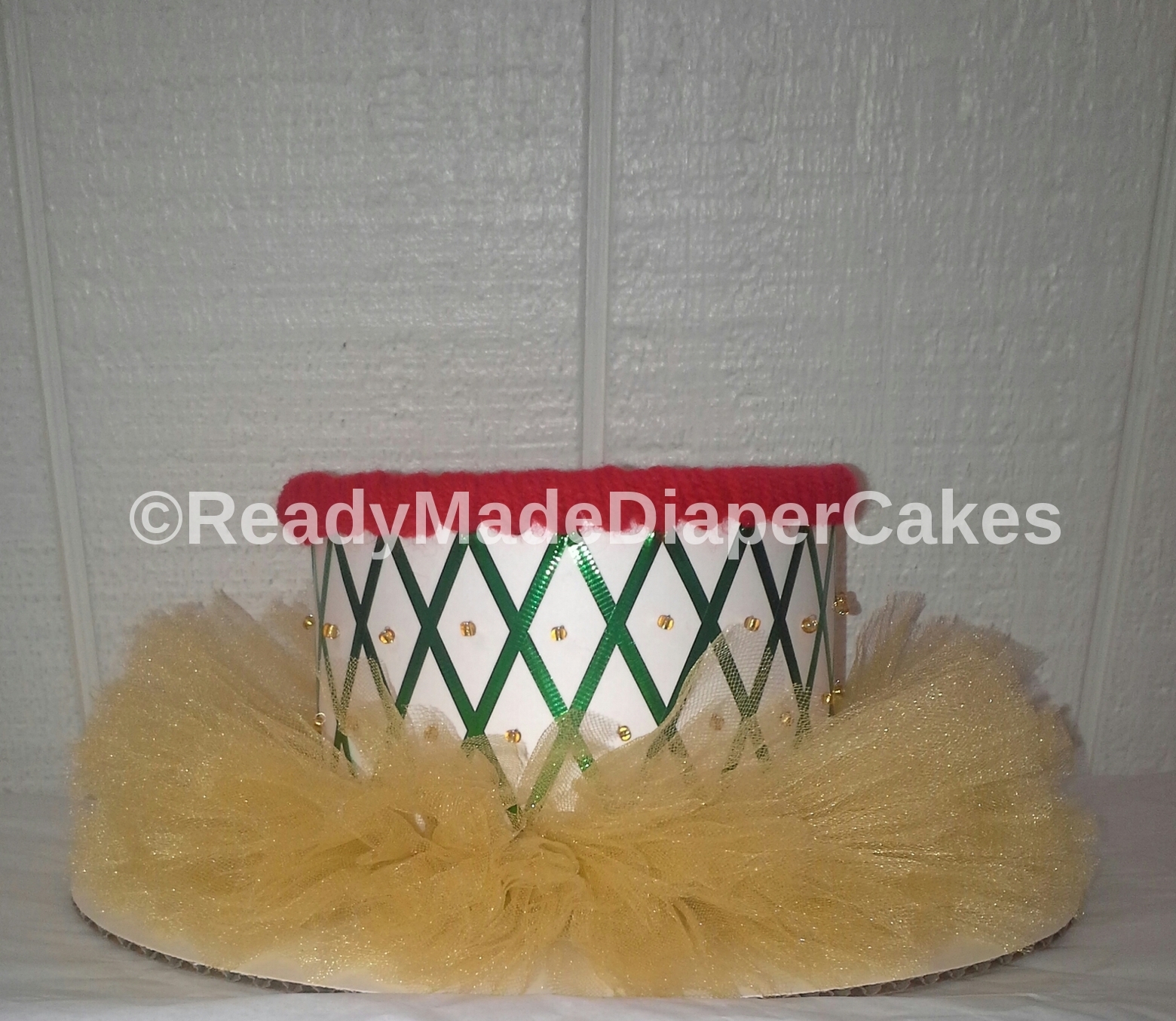 Red Green and Gold Christmas Tutu Themed Baby Girl Shower 1 Tier Diaper Cake