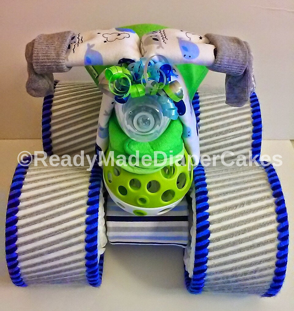 Kiwi Green Royal Blue Grey Blue Ahoy Whales Baby Shower Four Wheeler Diaper Cake
