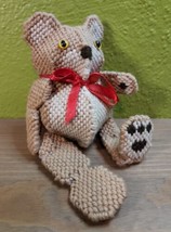 5.5&quot; Plastic Canvas Sitting Teddy Bear with Red Ribbon Brown Artist Made Vintage - £14.85 GBP