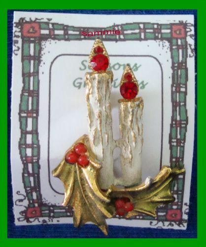 Primary image for Christmas PIN #0251 Double Candle & Holly w/Red Berries Goldtone HOLIDAY Brooch