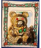 Christmas PIN #0266 VTG Gerrys Bear Goldtone w/Red Crystal/Rhinestone Ey... - $19.75