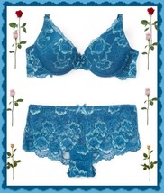 36C New York Elegance Blue Floral  Lace PushUp UW Bra M Boyshorts 2pc Set $50 - £16.06 GBP