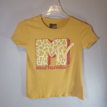 MTV Womens Large Shirt Yellow Ribbed Short Sleeve Cotton Blend - $10.88