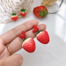 Kawaii Sweet Lovely Heart Stud with Cute Strawberry Dangel Earrings - £5.41 GBP
