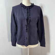 Lands End Cardigan Sweater Women Size Medium Dk Blue Ruffles Lightweight - $18.43