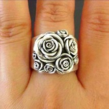 Size 9 Vintage Style Antique 925 Silver Plated Rose Flower Ring - £19.41 GBP