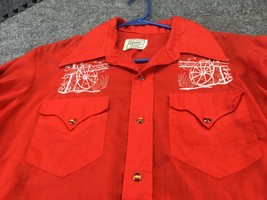 Vintage H BAR C California Ranchwear Red Pearl Snap Shirt L Embroidered wheel - £46.56 GBP