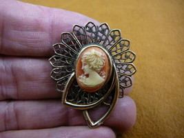 (CT3-13) dainty TINY LADY bow in hair Orange + Ivory CAMEO Pin Brooch pendant - £22.00 GBP