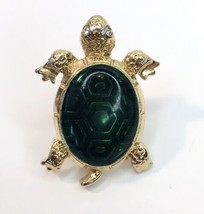 Small Gold Tone Green Sea Turtle Tack Lapel Pin White Rhinestones Eyes Brooch - £8.82 GBP
