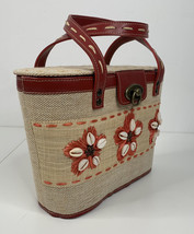100% straw Woven Puka shell Floral Red Orange basket hand bag purse G12 - £25.15 GBP