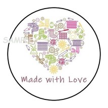 30 Made With Love Envelope Seals Label Stickers 1.5&quot; Round Heart Sewing Knitting - £5.89 GBP