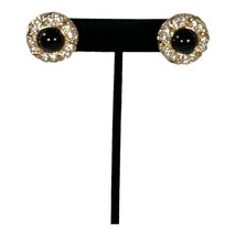 Signed Roman Pierced Earrings Gold Rhinestone Black Cabachone Vintage .7... - £7.56 GBP