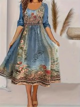 Blue with Multicolor Flower Print Long Sleeve Peplum Style Dress 4XL - $35.93 CAD